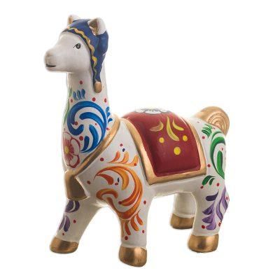 Chullo Llama in White,'Multicolored Llama Ceramic Figurine'