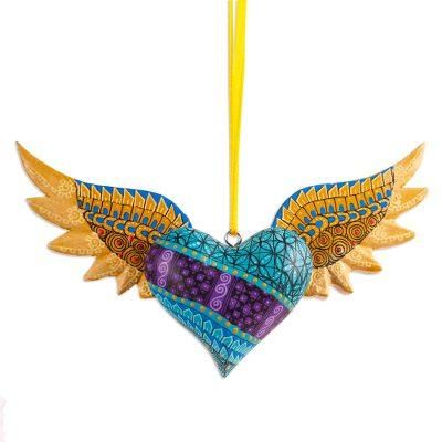 Winged Turquoise Heart,'Alebrije Winged Heart Copal Wood Ornament from Mexico'