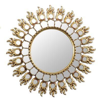 Reflective Blaze,'Fire Pattern Bronze Gilded Wood Wall Mirror from Peru'