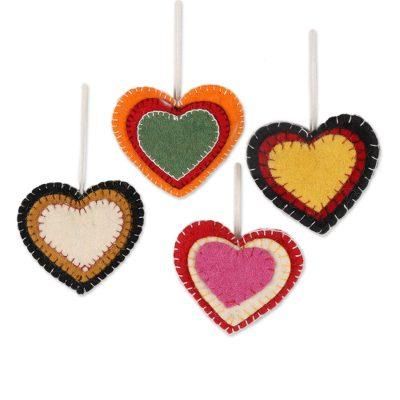 Entrancing Hearts,'Colorful Wool Felt Heart Ornaments from India (Set of 4)'
