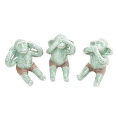Green Monkeys,'Celadon Ceramic Wise Monkey Figurines (Set of 3)'