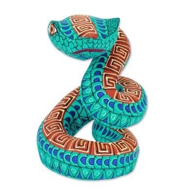 Aqua Hiss,'Hand-Painted Aqua Copal Wood Alebrije Snake Figurine'