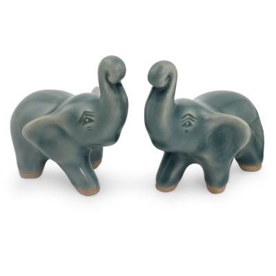 Celadon ceramic figurines, 'Lucky Blue Elephants' (pair)