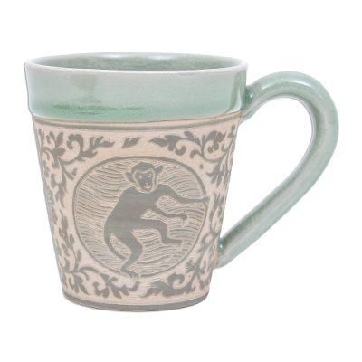 Thai Zodiac Monkey,'Celadon Glazed Ceramic Mug with Monkey from Thailand'