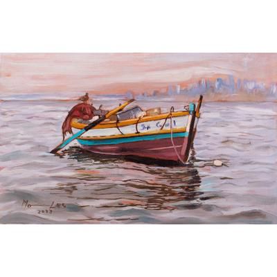 Boat at Sunset I,'Unstretched Impressionist Oil Painting of Colorful Boat'