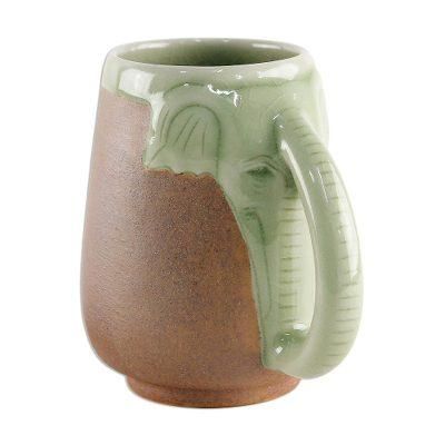 Morning Elephant,'Ceramic Celadon Thai Elephant Mug in Green and Brown'