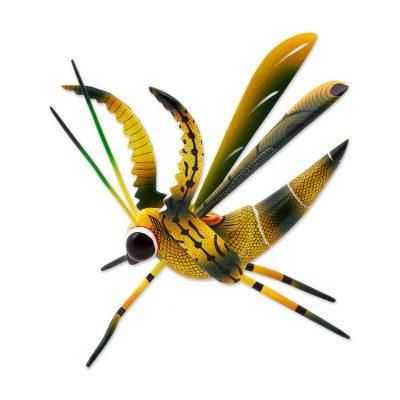Yellow Good Luck Cricket,'Wood Alebrije Cricket Sculpture in Yellow from Mexico'