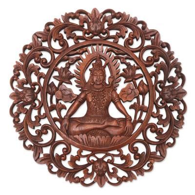 Sacred Shiva,'Brown Suar Wood Leafy Relief Panel of Sage Shiva'