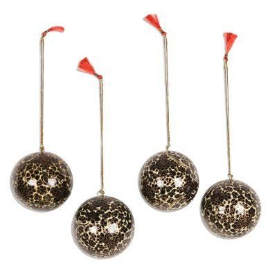 Holiday Blossoms in Black,'Black and Gold Floral Papier Mache Ornaments (Set of 4)'