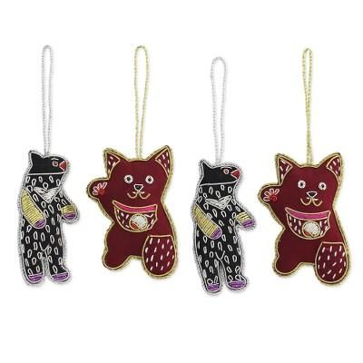 Dancing Animals,'Cotton Bear and Cat Ornaments from India (Set of 4)'