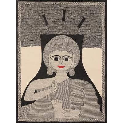 Buddha Smiles,'Madhubani Buddha Painting on Handmade Paper'