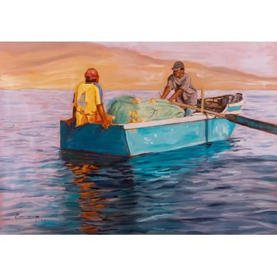 Fishermen,'Unstretched Impressionist Oil Painting of Fishermen at Sea'