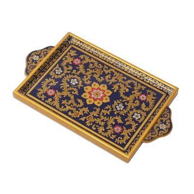 'Royal Blue Garden' - Reverse Painted Glass Serveware Tray from Peru