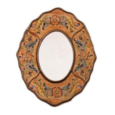 'Brown Floral Reverse-Painted Glass Wall Mirror from Peru'