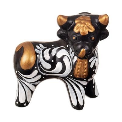 Black Guardian of Pucará,'Traditional Andean Handmade Ceramic Bull Sculpture in Black'