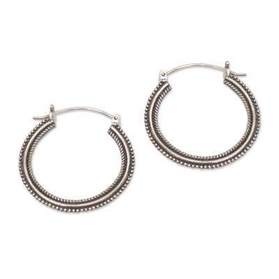 On Rotation,'Sterling Silver Hoop Earrings with Textured Details (1.4 In)'