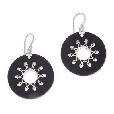 Dark Sun,'Sterling Silver Lava Stone Dark Sun Black Dangle Earrings'