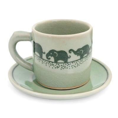 Celadon ceramic demitasse cup and saucer, 'Prancing Elephants'