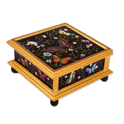 'Black Reverse-Painted Glass Decorative Box with Butterflies'