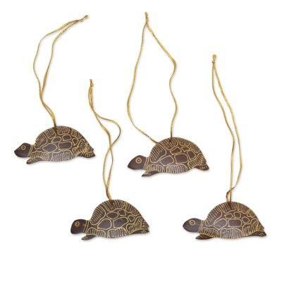 Royal Turtle,'Set of 4 Handmade Brown Coconut Shell Turtle Ornaments'
