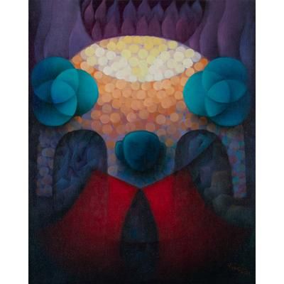 Sipán I,'Signed Expressionist Blue and Purple Oil Painting from Peru'
