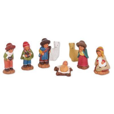 Andean Birth,'Ceramic Andean Nativity Scene with Llamas from Peru (8 Pcs)'