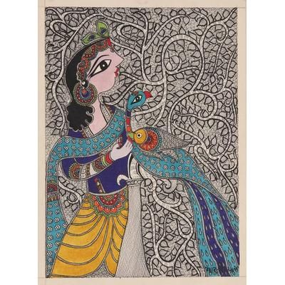 'Krishna-Themed Madhubani Painting on Handmade Paper'