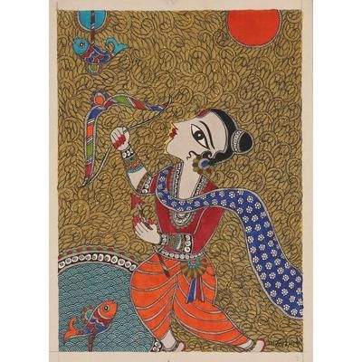 Matsya Vedh,'Acrylic Madhubani Painting on Handmade Paper'