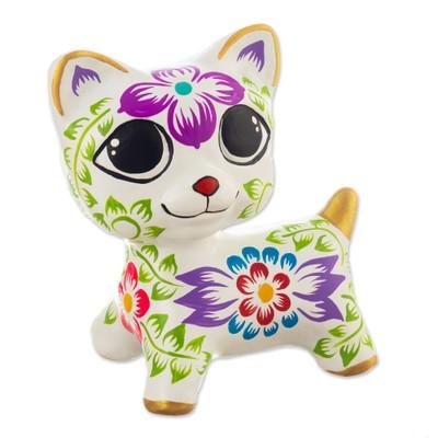 Daylight Kitten,'Handcrafted Floral and Leafy White Ceramic Kitten Figurine'
