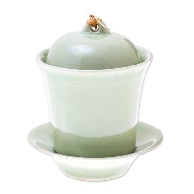 Cup of Comfort in Green,'Handcrafted Celadon Green Ceramic Soup Cup Lid Saucer Set'