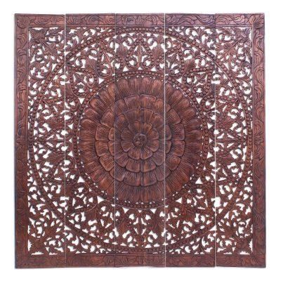 'Reclaimed Teak Wood Lotus-Motif Relief Panel (Set of 5)'