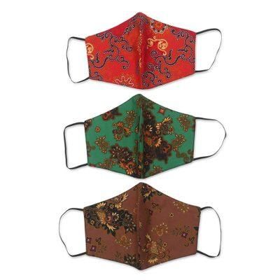 Bright Beauty,'1 Red-1 Green-1 Sepia-2-Layer Contoured Cotton Masks'