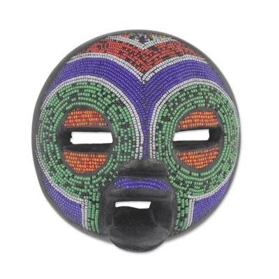 'Multi-Colored Recycled Glass Bead and Sese Wood African Mask'