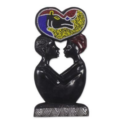 Two Lovers,'Romantic Handcarved Beaded Wood Wall Sculpture from Ghana'