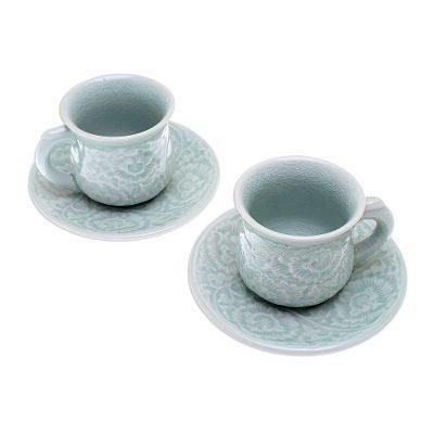Tea Flowers,'Celadon Ceramic Cup and Saucer Set from Thailand (Pair)'