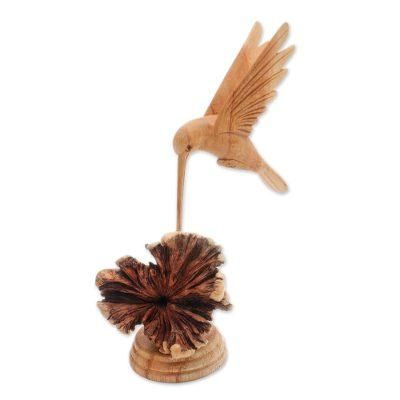 Feasting Hummingbird,'Jempinis Wood Hummingbird Sculpture from Bali'