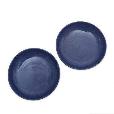 Round Blue,'Blue Ceramic Bowls Crafted in Bali (Pair)'