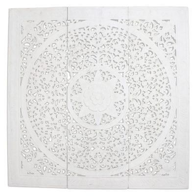 Native Elegance in White,'Three Floral Teak Wood Relief Panels in White from Thailand'