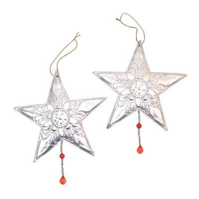 Starry Duo,'Handmade Aluminum Star Ornaments from Bali (Pair)'
