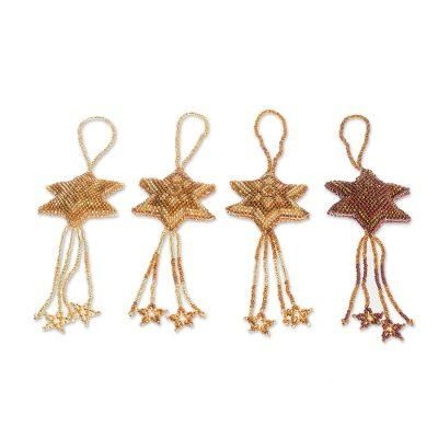 Fleeting Stars,'Glass Beaded Ornaments in Gold and Brown (Set of 4)'