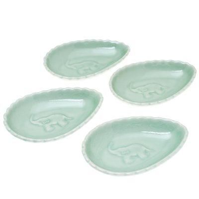'Elephant-Themed Celadon Ceramic Condiment Bowls (Set of 4)'