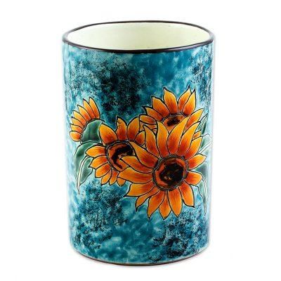 Brilliant Sunflower,'Sunflower Motif Ceramic Vase from Mexico'