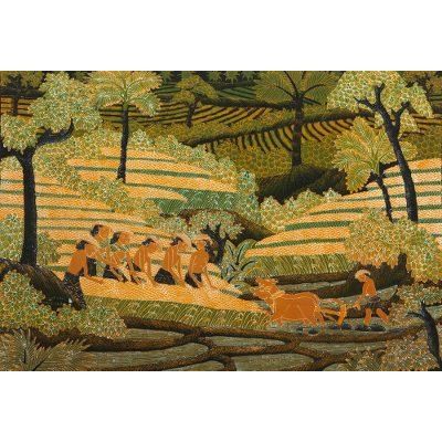 Rhythm of Life in the Fields,'Unique Cotton Batik Bali Rice Terrace Painting'