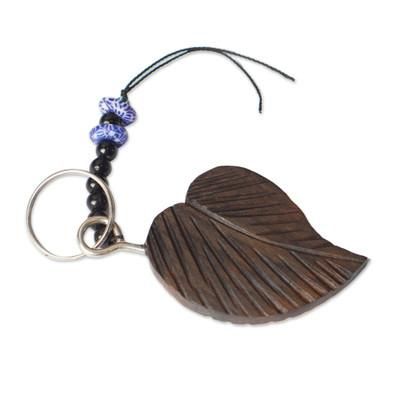 Cute Leaf,'Handmade Ebony Leaf Keychain with Recycled Glass Beads'