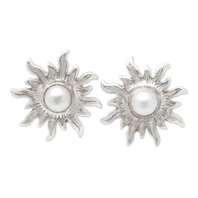 Pearly Sunlight,'Polished Sterling Silver Sun Button Earrings with Pearls'