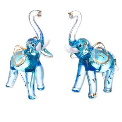 Gilded Elephants in Light Blue,'Gilded Blown Glass Elephant Figurines in Light Blue (Pair)'
