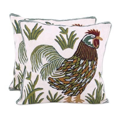 Rooster Crow,'Two Embroidered Cushion Covers with Roosters from India'