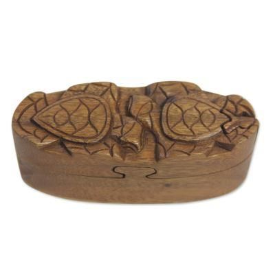 Wood puzzle box, 'Turtle Romance'