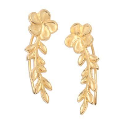 Climbing Blossoms,'Gold-Plated Ear Climber Earrings with Floral Motif'