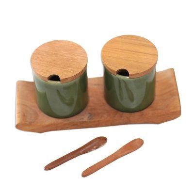 Green Start,'Green Ceramic and Teak Wood Condiment Set (5 Pieces)'